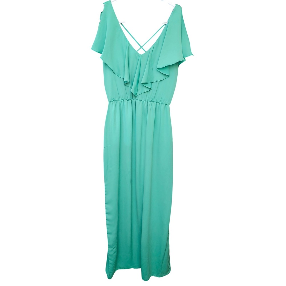 Everly Teal‎ Ruffled V-Neck Maxi Dress Crisscross Back Romantic Summer Small